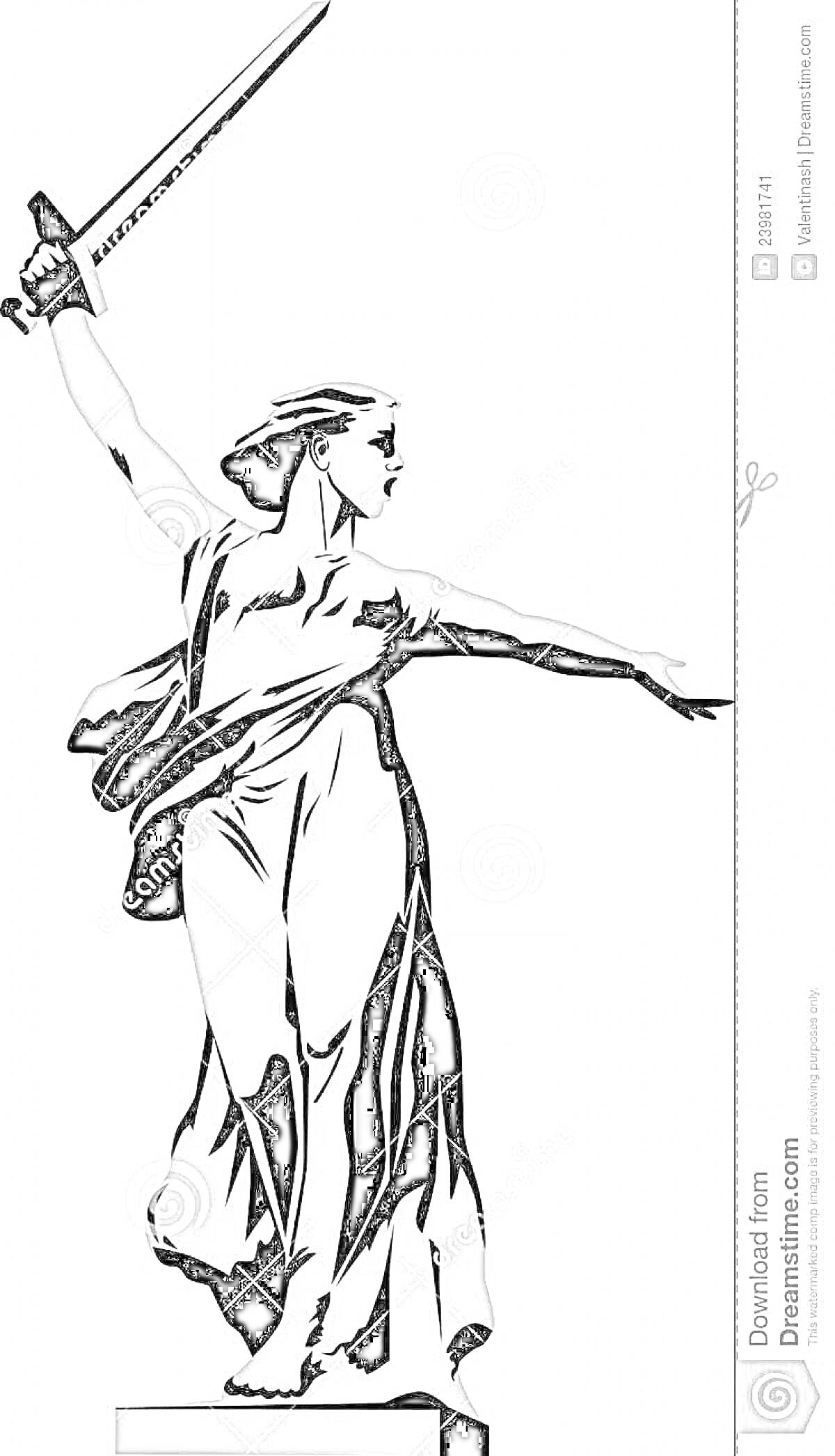 Раскраска Памятник Родина-мать зовет с поднятым мечом и протянутой рукой, в длинном платье, стоящий на постаменте