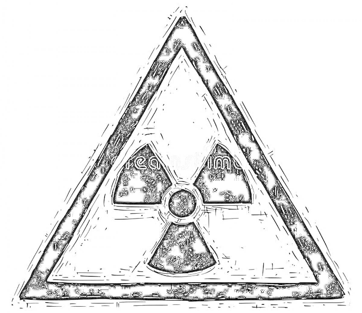 Раскраска знак радиации в виде треугольника с черно-белым символом радиации