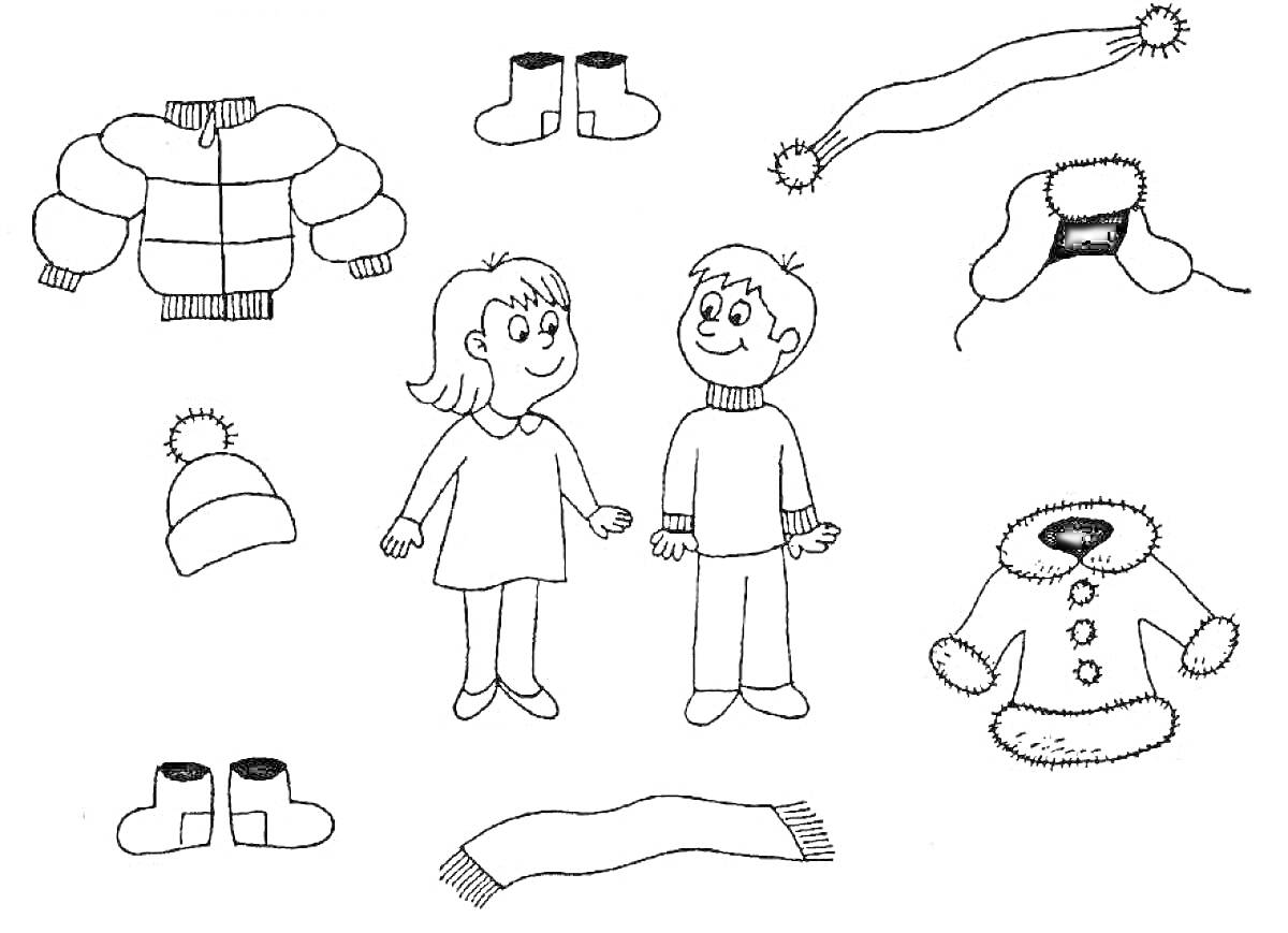 Раскраска Дети и зимняя одежда: куртка, шапка, ботинки, шарф, меховая шапка, пальто на меху и двое детей