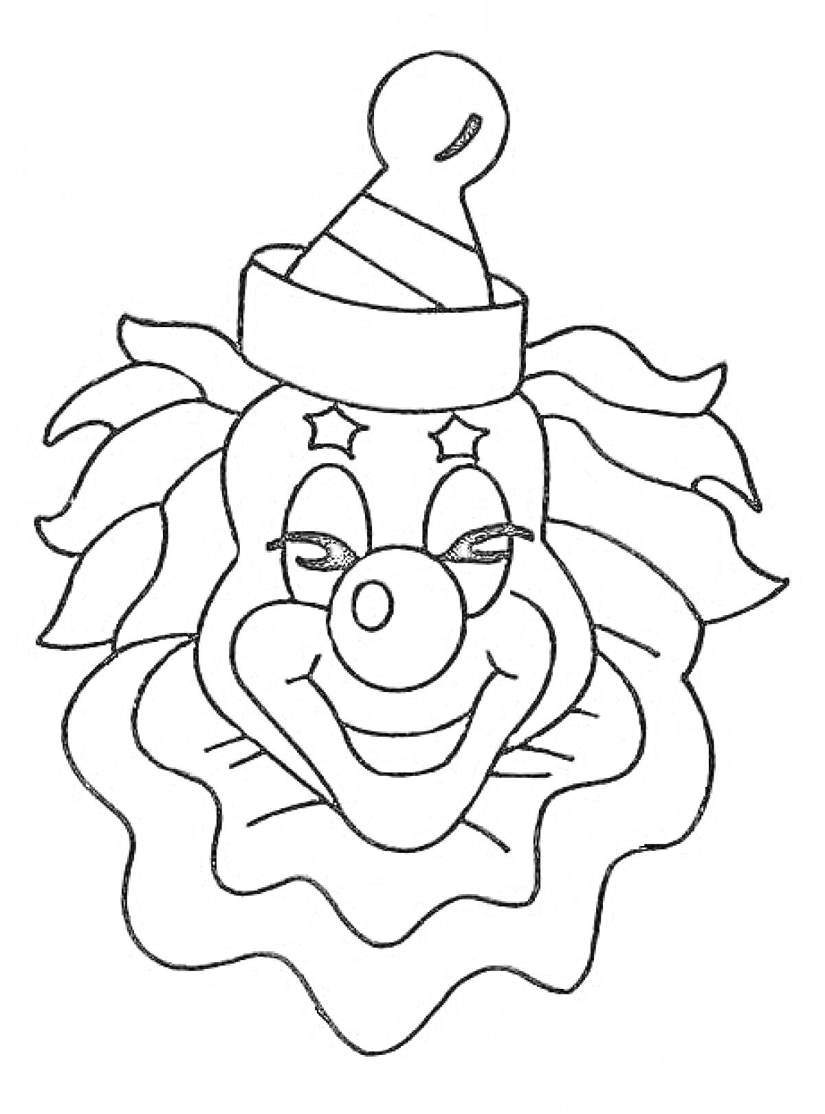 Раскраска Клоун в шапке с колпачком, звездочки вокруг глаз, большая улыбка