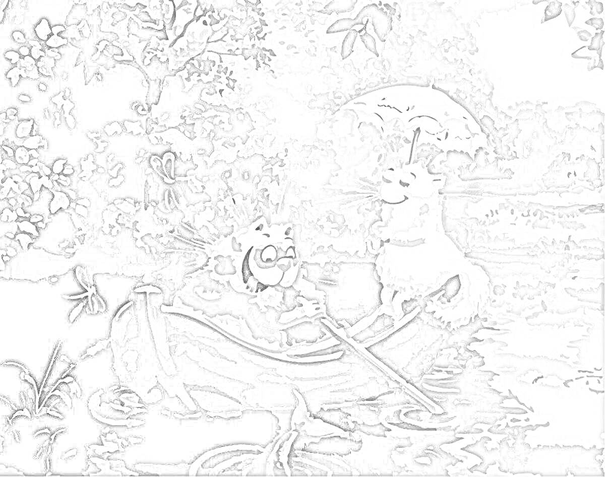 На раскраске изображено: Лодка, Река, Деревья, Растения, Рыбалка, Природа, Животные
