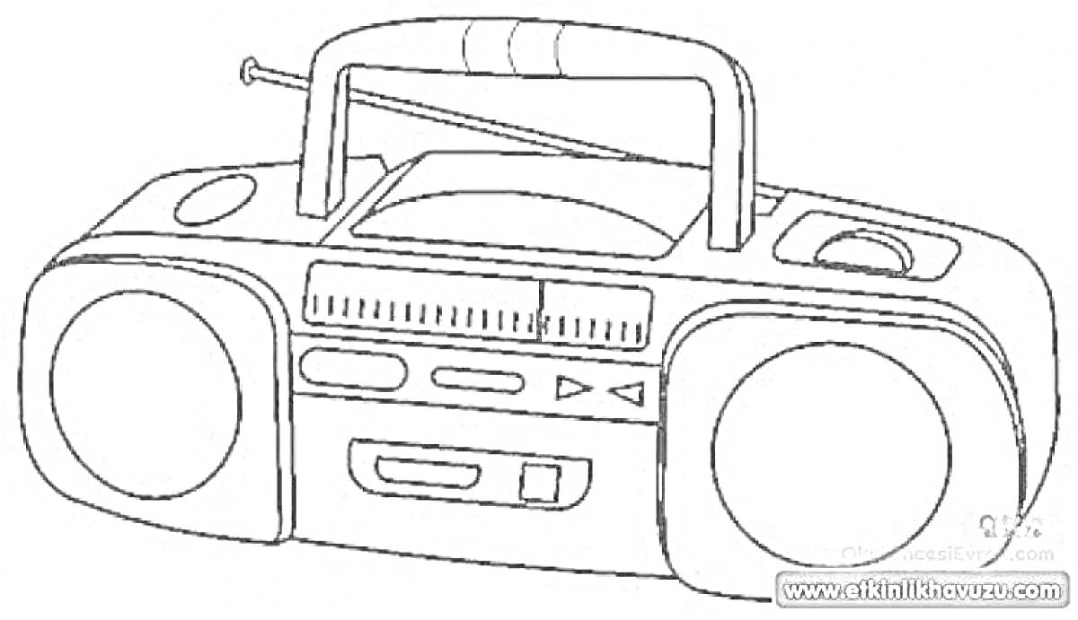 Раскраска магнитофон с антеной, ручкой, динамиками, кнопками управления и кассетным отсеком