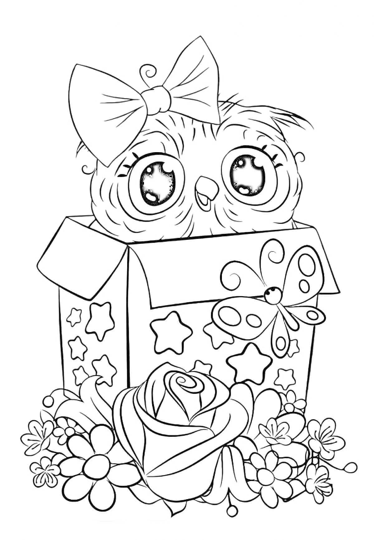 Раскраска Совушка в подарочной коробке со звездочками и бабочкой на фоне цветов и розы