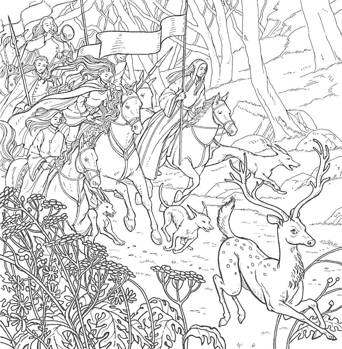 Раскраска Группа эльфов на лошадях в лесу с флагом, сопровождаемая животными, включая оленя и собак