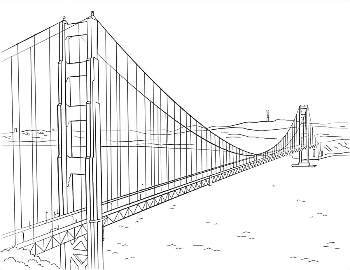 На раскраске изображено: Крымский мост, Мост, Море, Пейзаж, Архитектура, Конструкция, Природа, Отдых