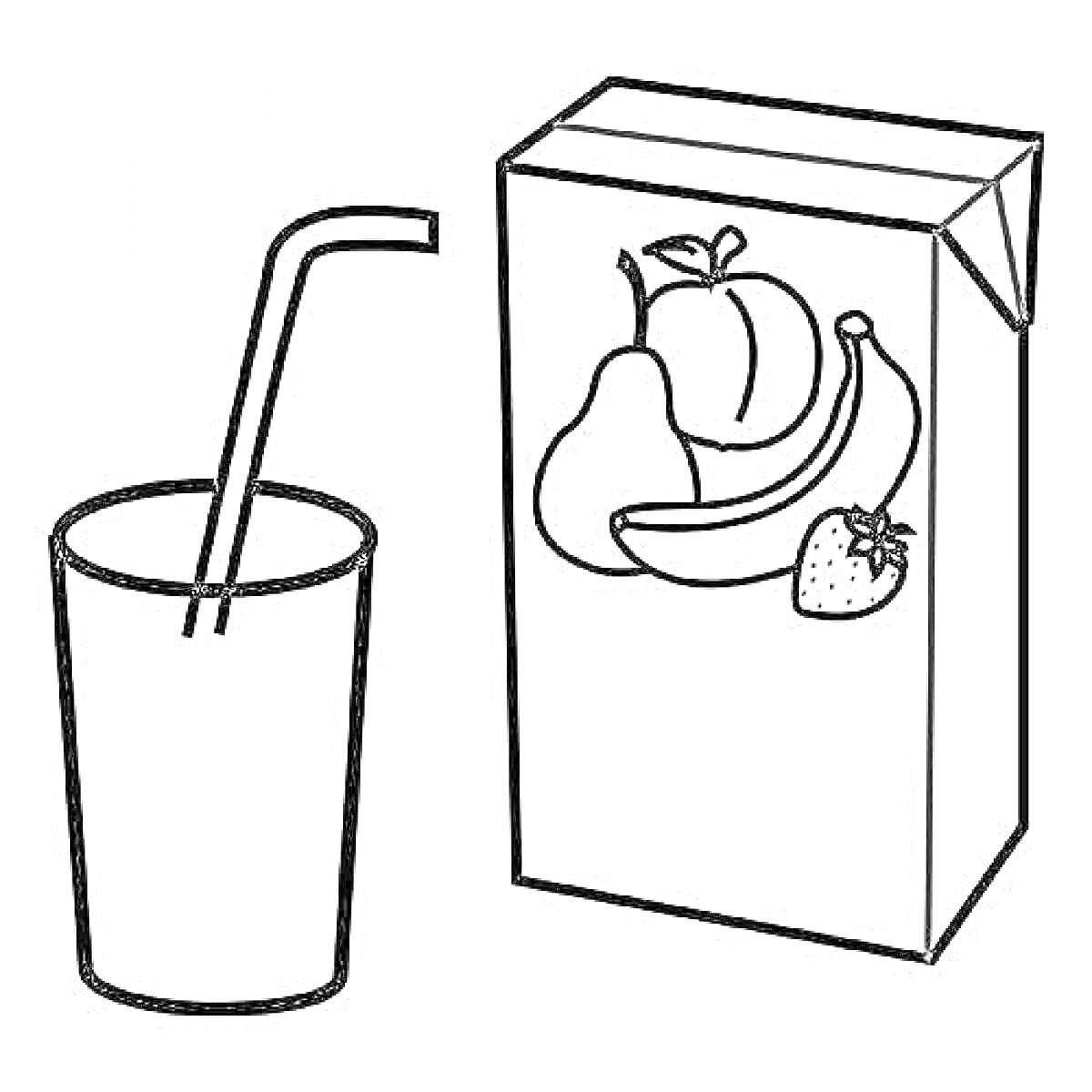Раскраска Стакан с трубочкой и упаковка сока с фруктами (груша, персик, банан, клубника)