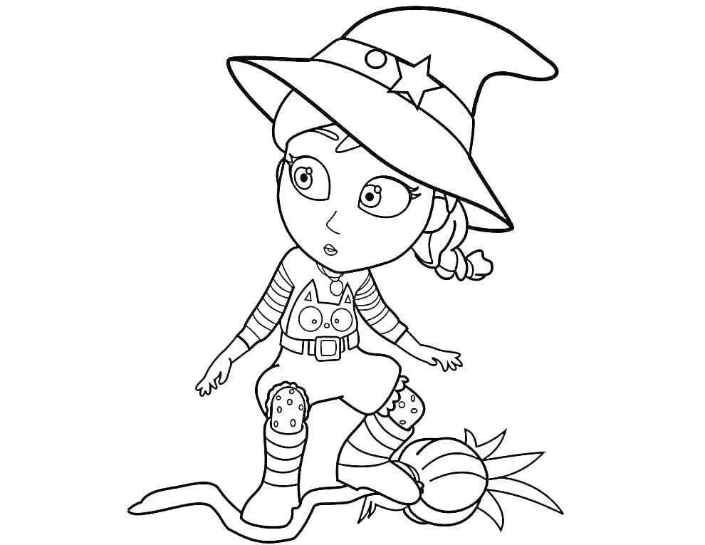 Раскраска Девочка в костюме волшебницы с тыквой и котёнком на одежде