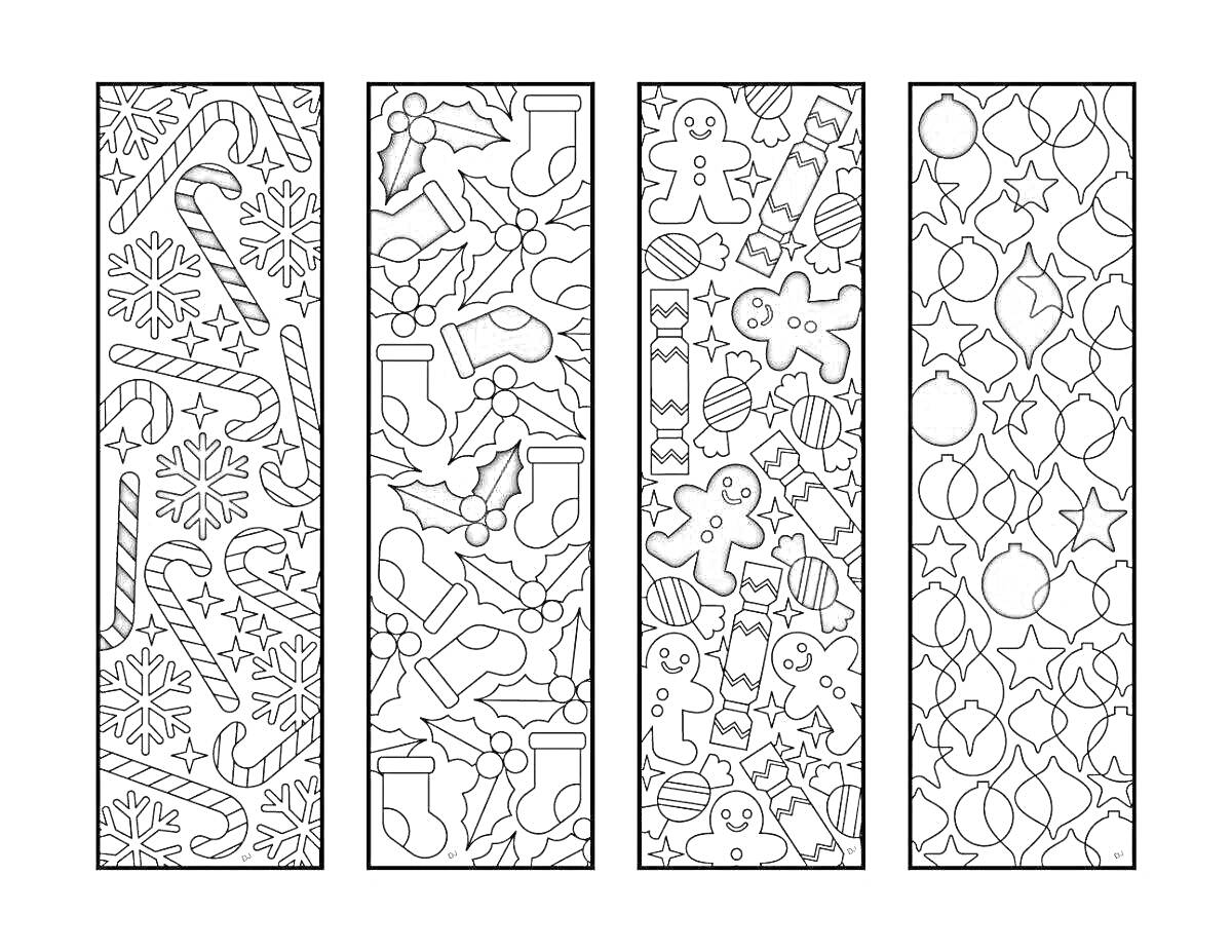 На раскраске изображено: Закладки, Конфеты, Снежинки, Леденцы, Носки, Имбирные пряники, Ёлочные игрушки, Звезды