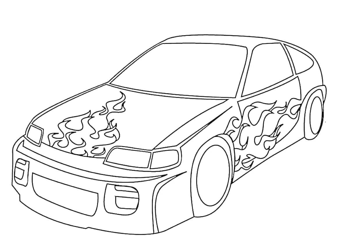Раскраска Спортивная машина с огненным рисунком на капоте и кузове
