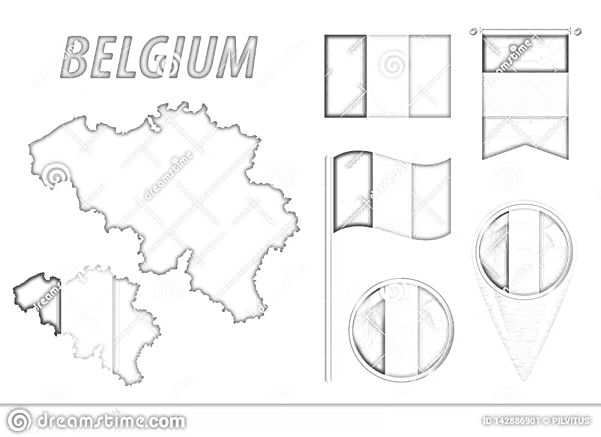 Раскраска карта Бельгии с её флагом, включающим флаг на флагштоке, круглый значок с флагом, указатель с флагом и баннер с флагом