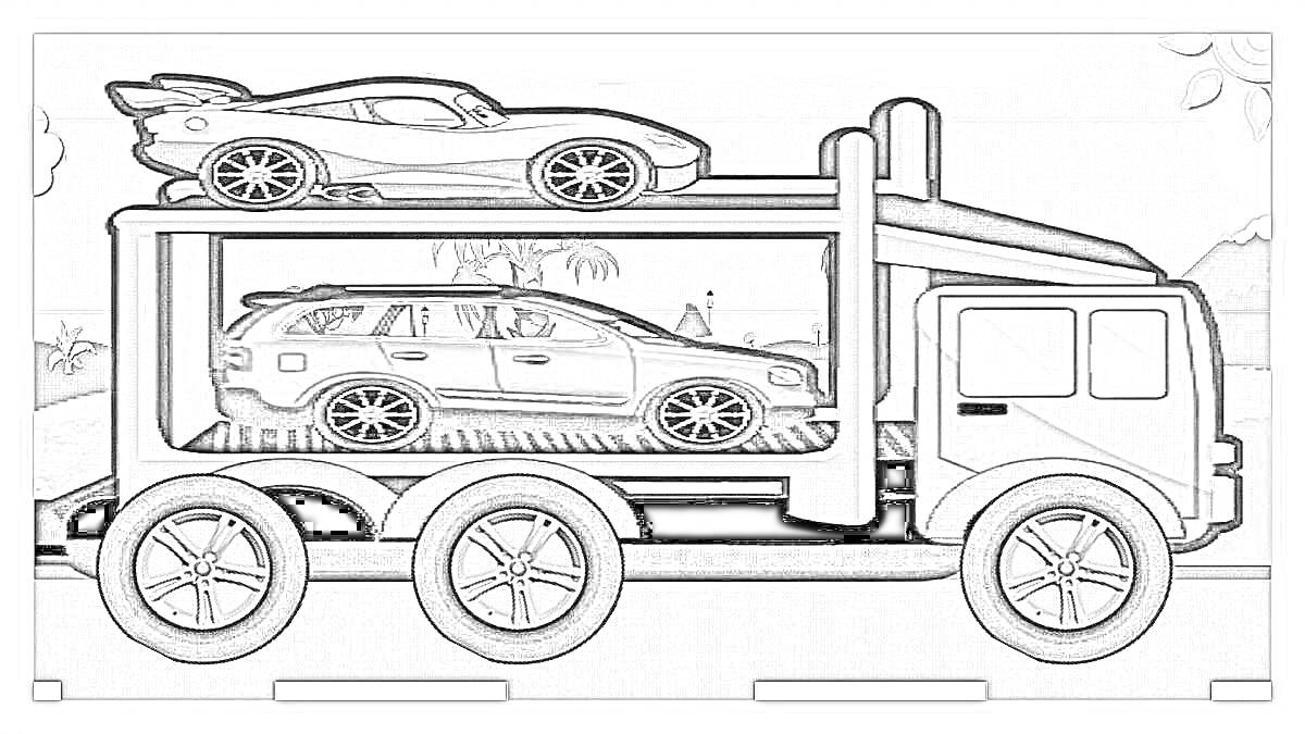 Раскраска Грузовик с машинками на платформе - спортивная машинка и внедорожник в транспортировке