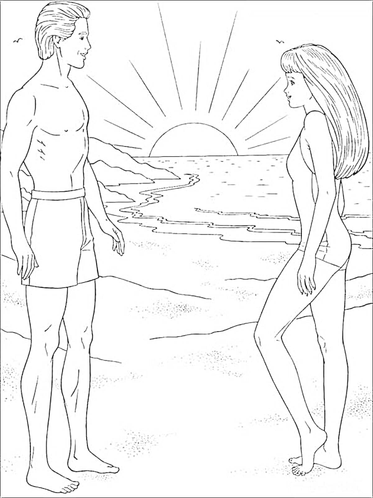 Раскраска Кен и девушка на пляже при закате с морем и заходящим солнцем на заднем плане
