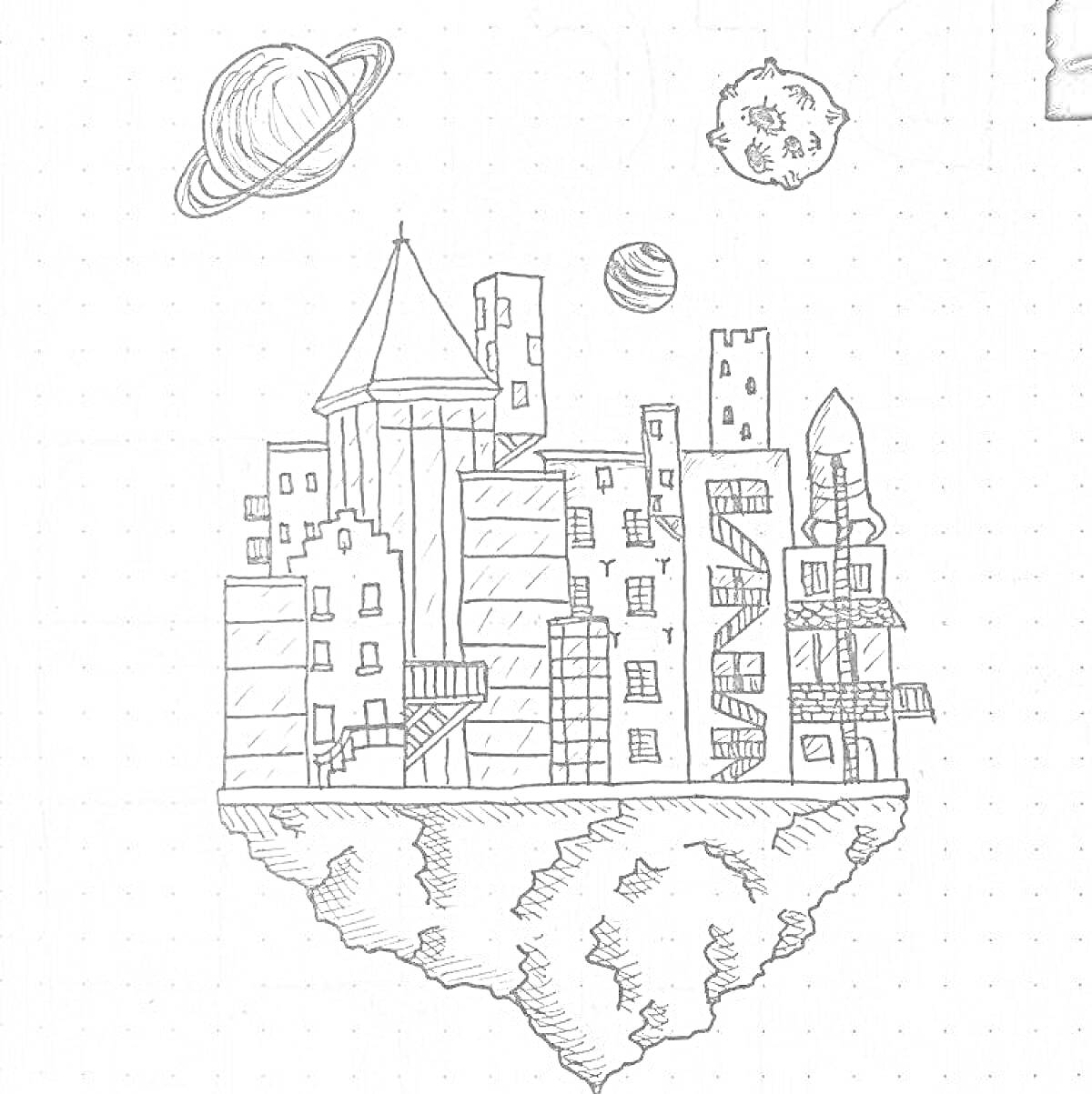 Раскраска Дом будущего на парящем острове с планетами и космическим объектом