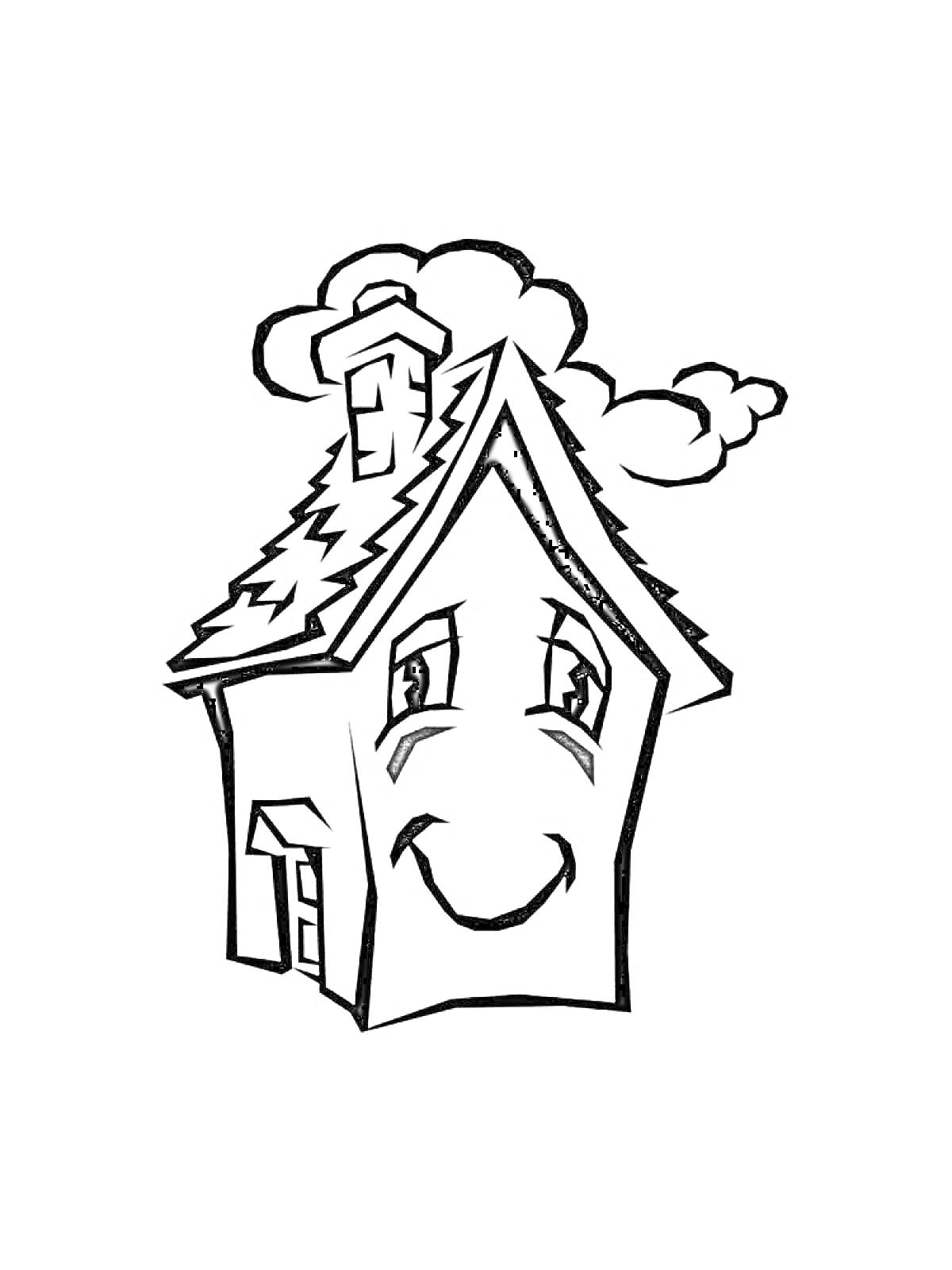 Раскраска Домик с дымоходом и облаками, улыбающийся фасад