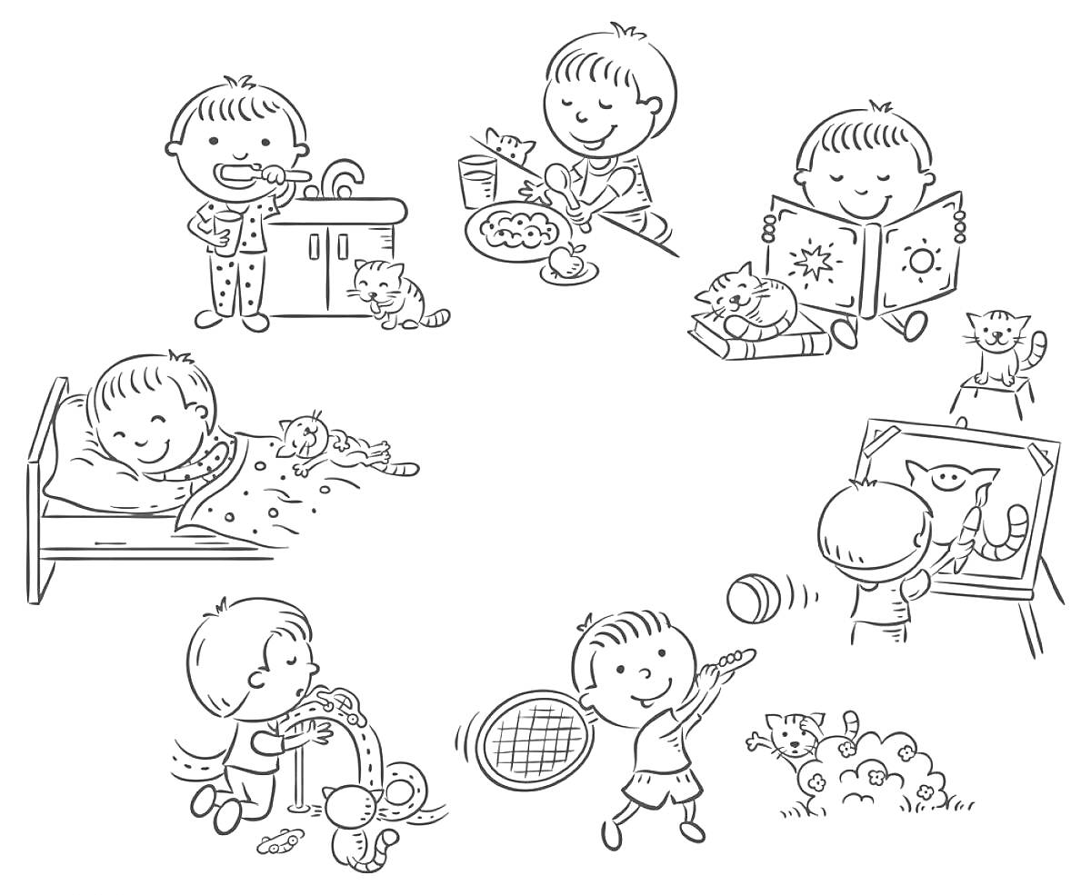 Раскраска Дневной распорядок ребенка: утро умывание с котенком, завтрак, чтение книги с котенком, сон с котенком, игра с машинкой, игра в мяч, рисование с котенком