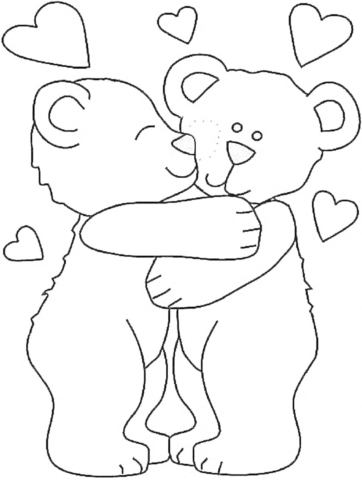 Раскраска Два медвежонка обнимаются, на фоне сердца