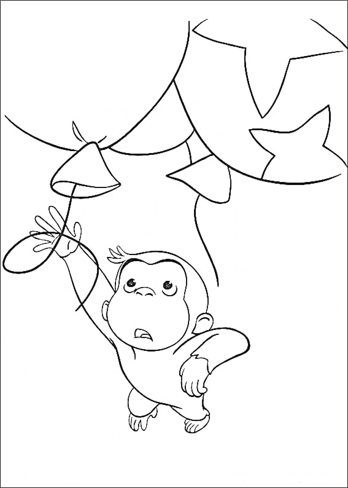 На раскраске изображено: Любопытный Джордж, Воздушные шары, Из мультфильмов, Приключения, Колокольчик, Обезьяны