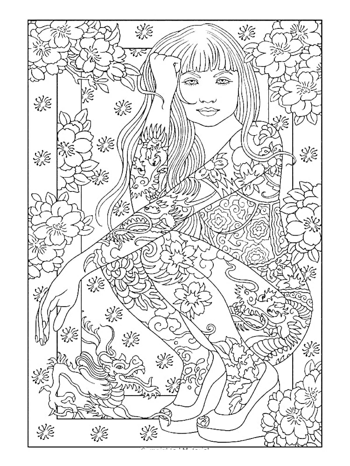 Раскраска Девушка с длинными волосами и татуировками в цветочном окружении