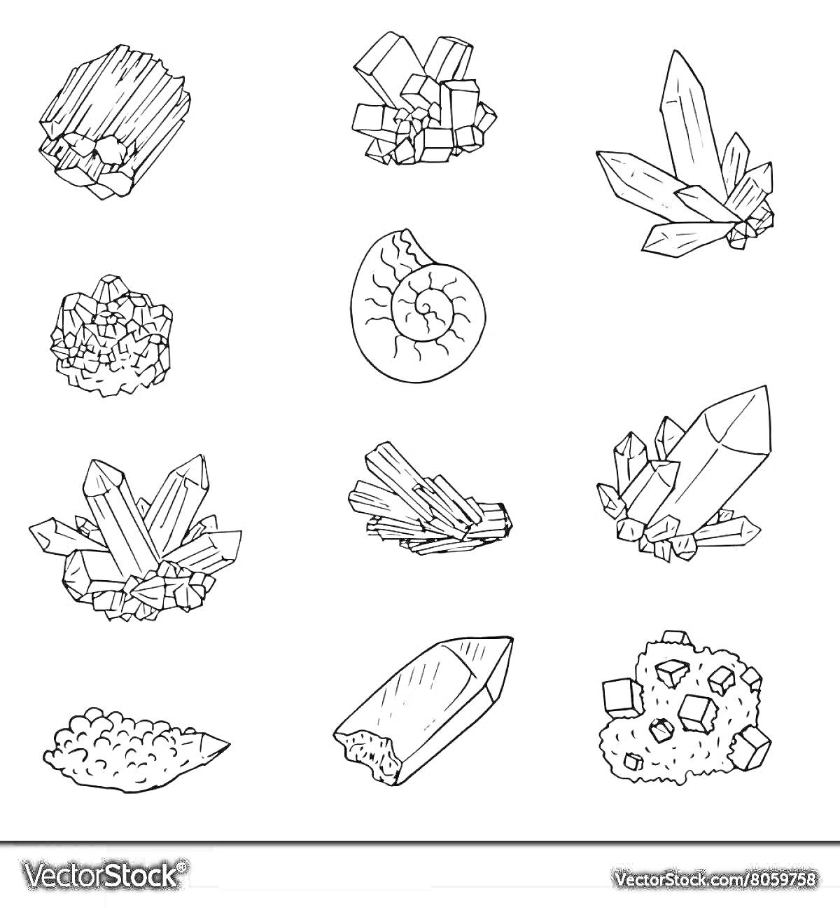 Раскраска Различные виды кристаллов и минералов, включая кристаллические скопления, отдельные кристаллы и аммонит