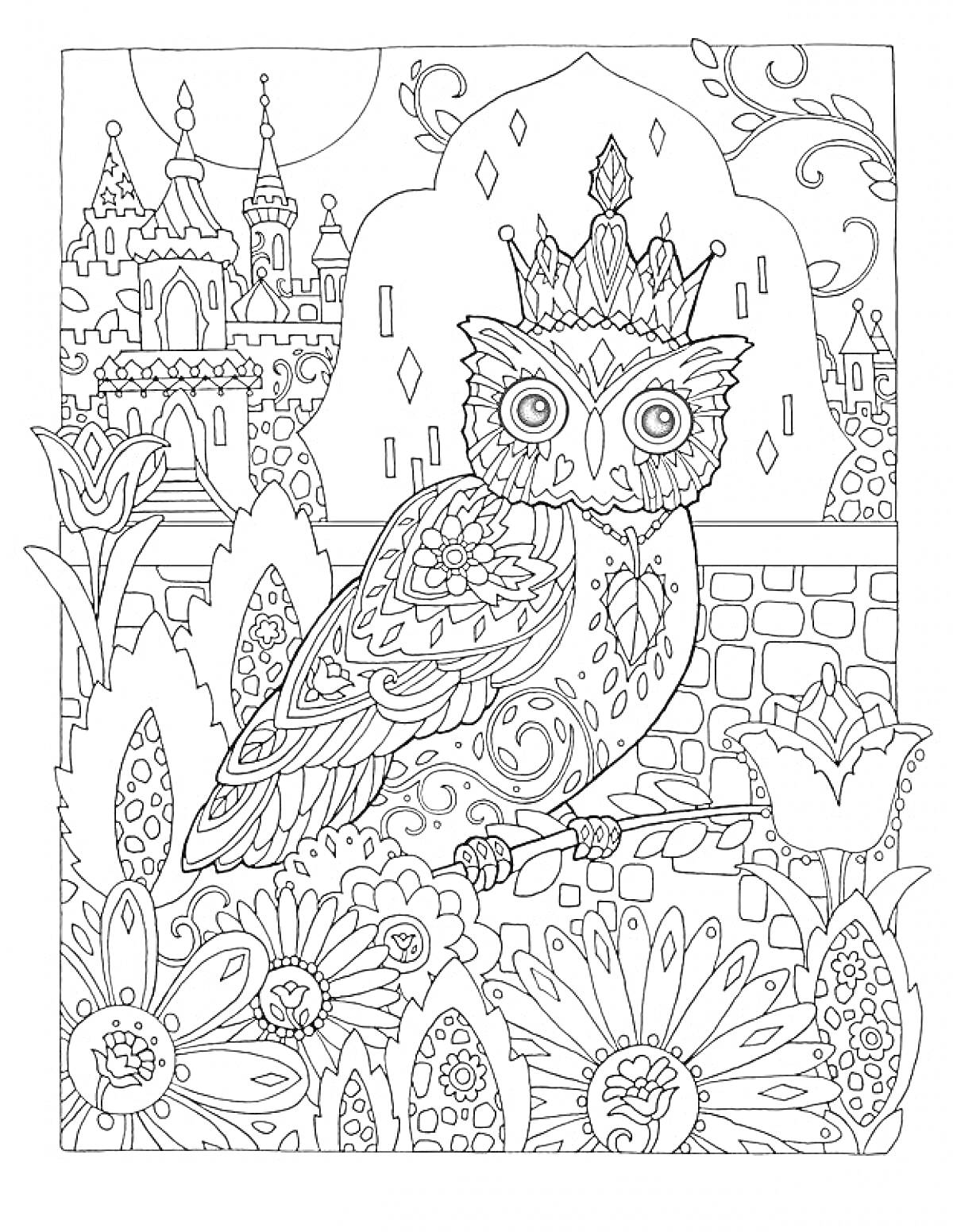 Раскраска Антистресс раскраска сова с короной на фоне замка и цветов