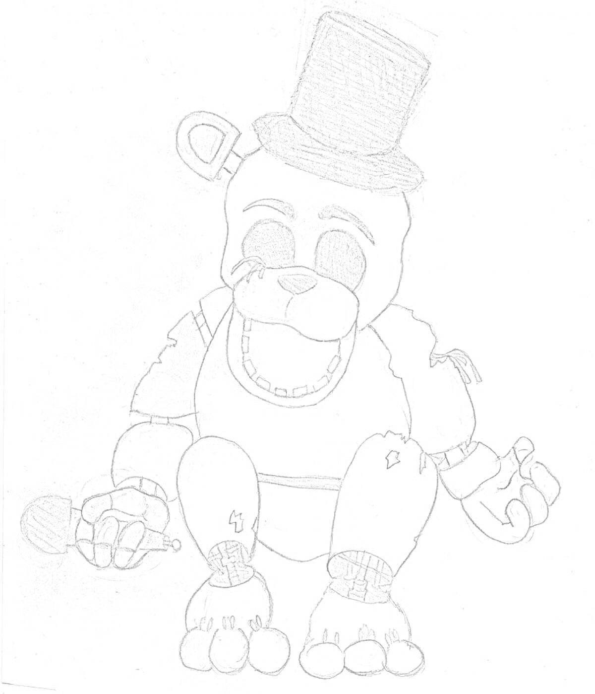Раскраска Картинка с Golden Freddy: плюшевый медведь с цилиндром, несущий микрофон в правой руке и с вращающимся ключом в голове