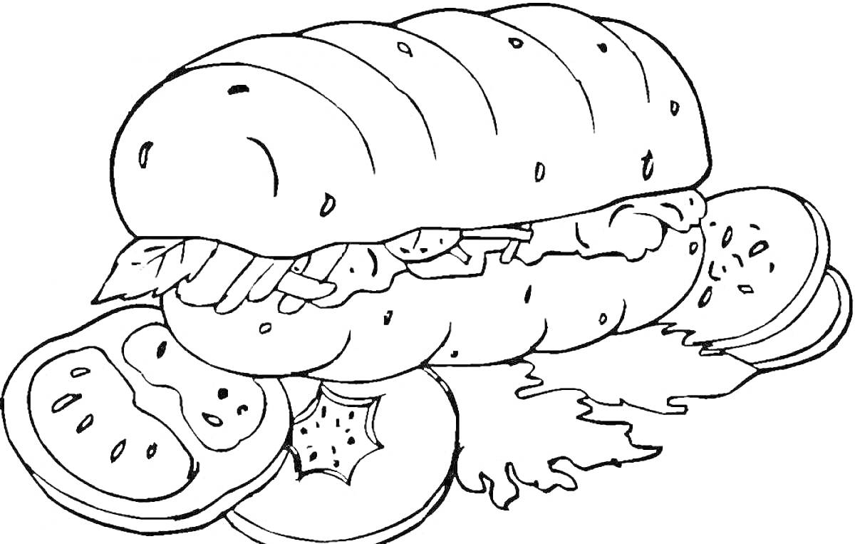 На раскраске изображено: Еда, Бутерброд, Батон, Начинка, Листья салата, Овощи, Помидор