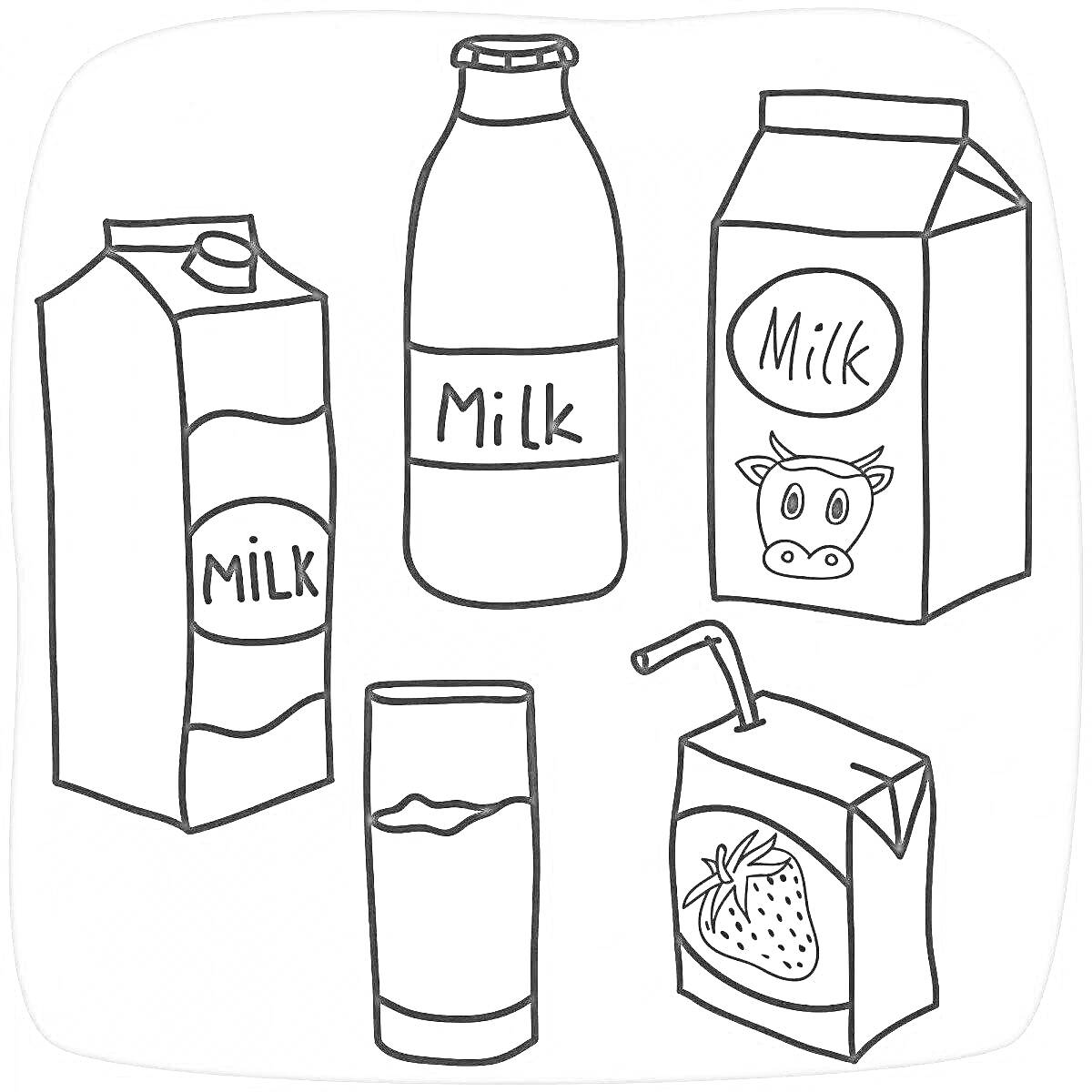 На раскраске изображено: Молоко, Бутылка, Стакан, Напиток, Клубника, Корова