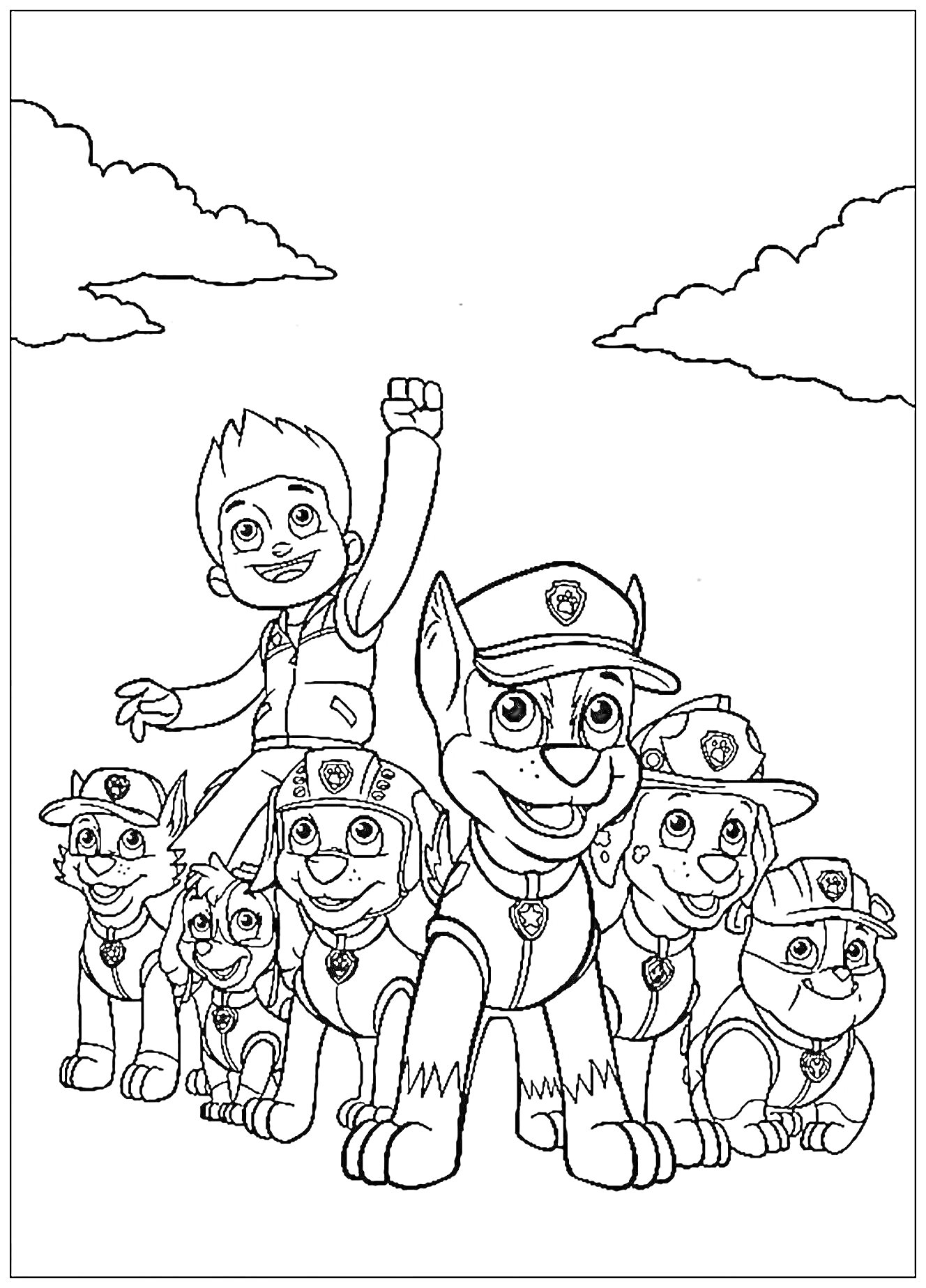 На раскраске изображено: Щенячий патруль, Мальчик, Облака, Кепки, Жилеты, Команда