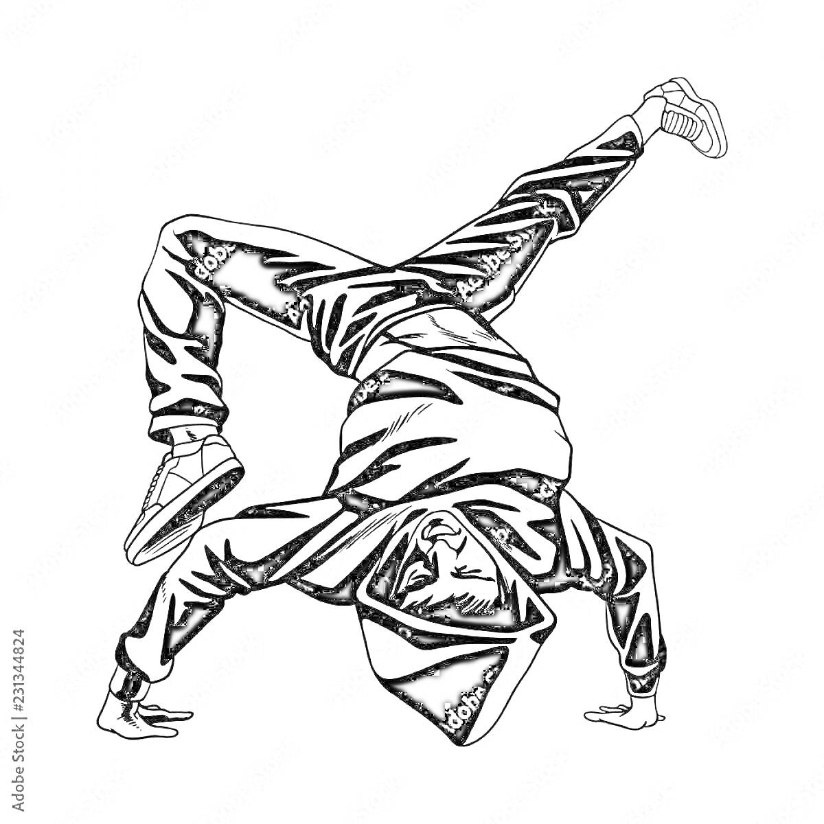 На раскраске изображено: Танцор, Стойка на руках, Капюшон, Движение, Акробатика