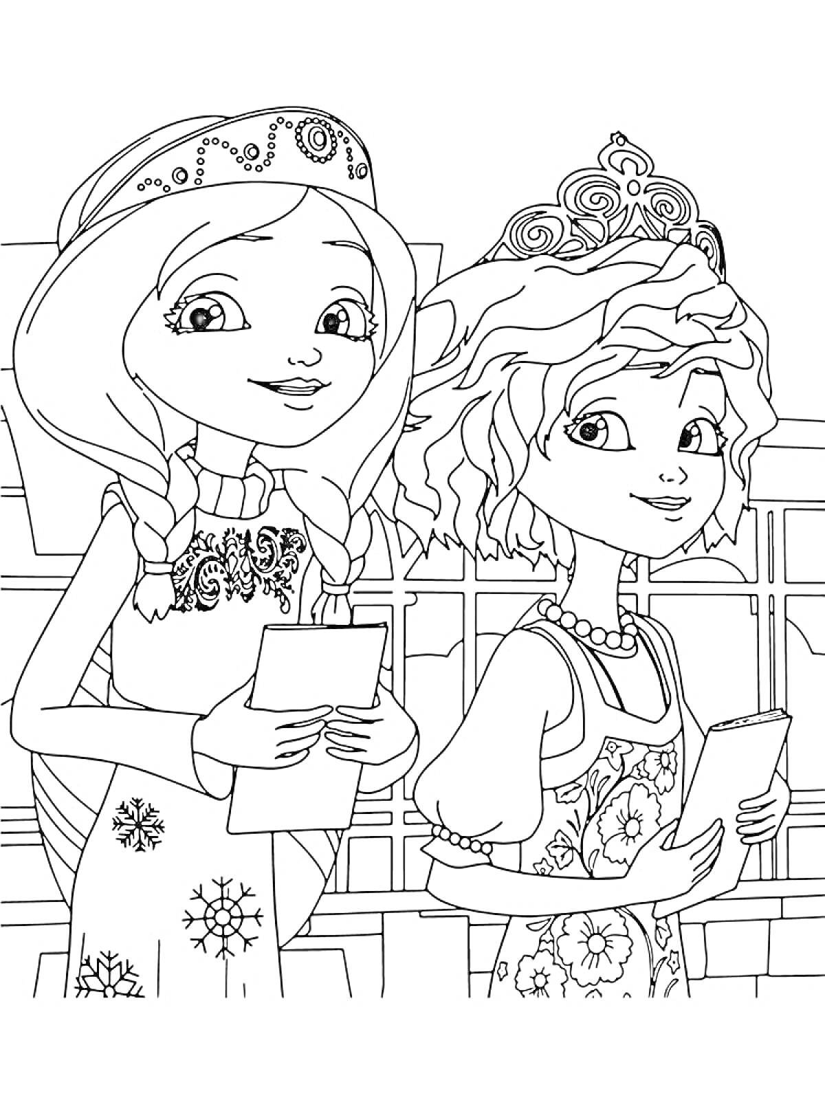 Две царевны в коронах с распущенными волосами и косичками, держат книги на фоне окна