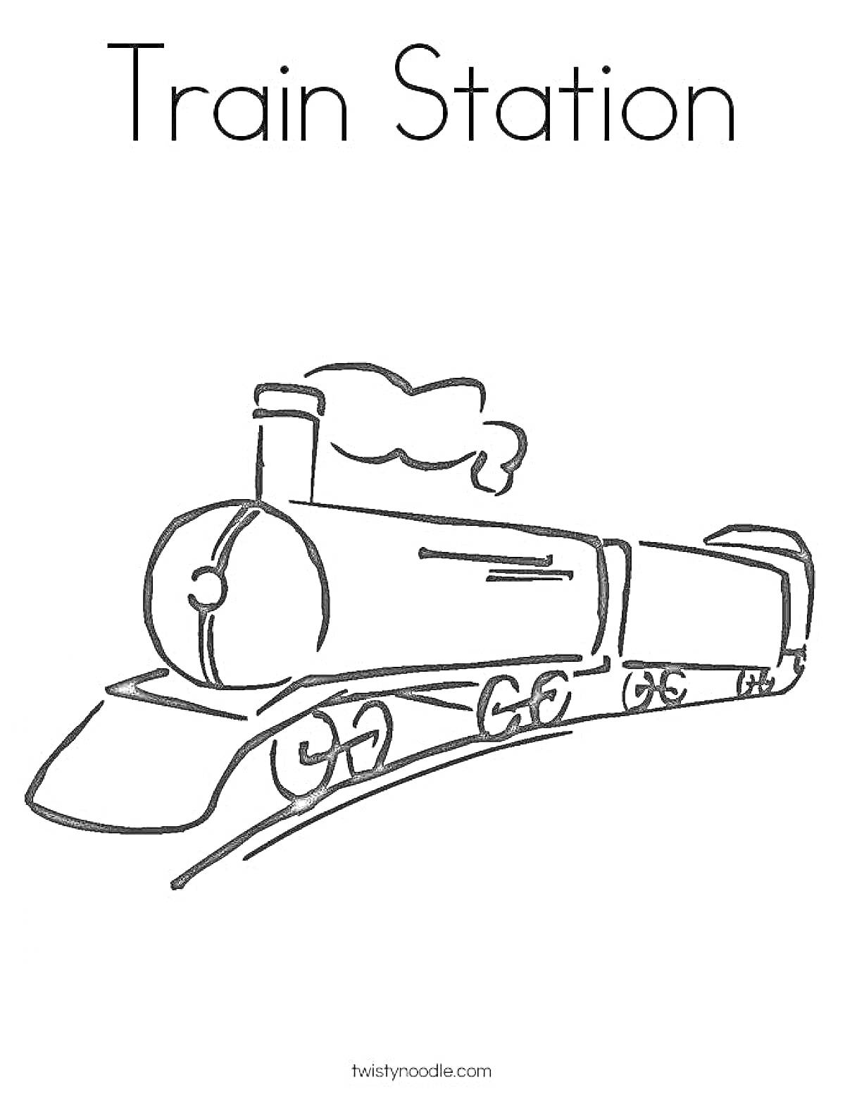 На раскраске изображено: Паровоз, Поезд, Труба, Колеса, Пар, Фонари