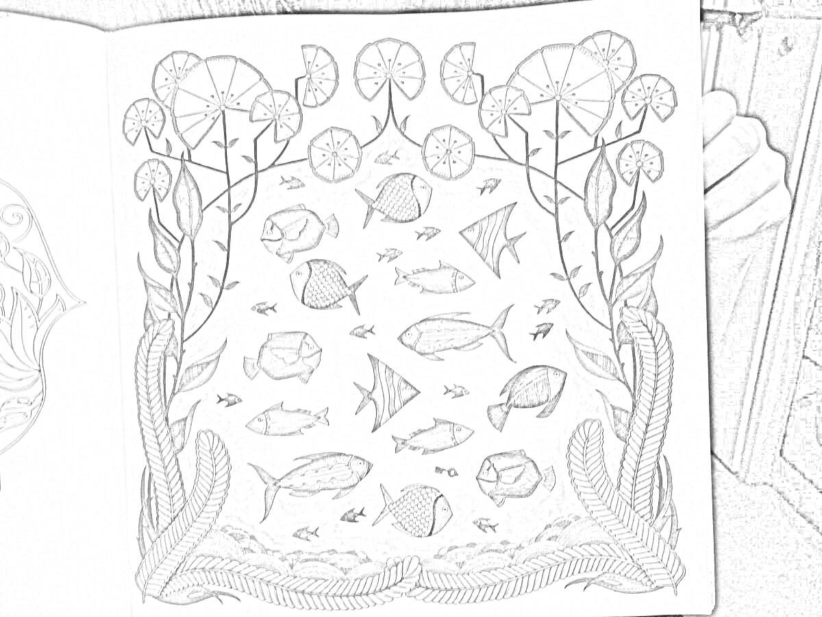 На раскраске изображено: Подводный мир, Морские растения, Затерянный океан, Водоросли, Рыба, Океаны, Морские животные