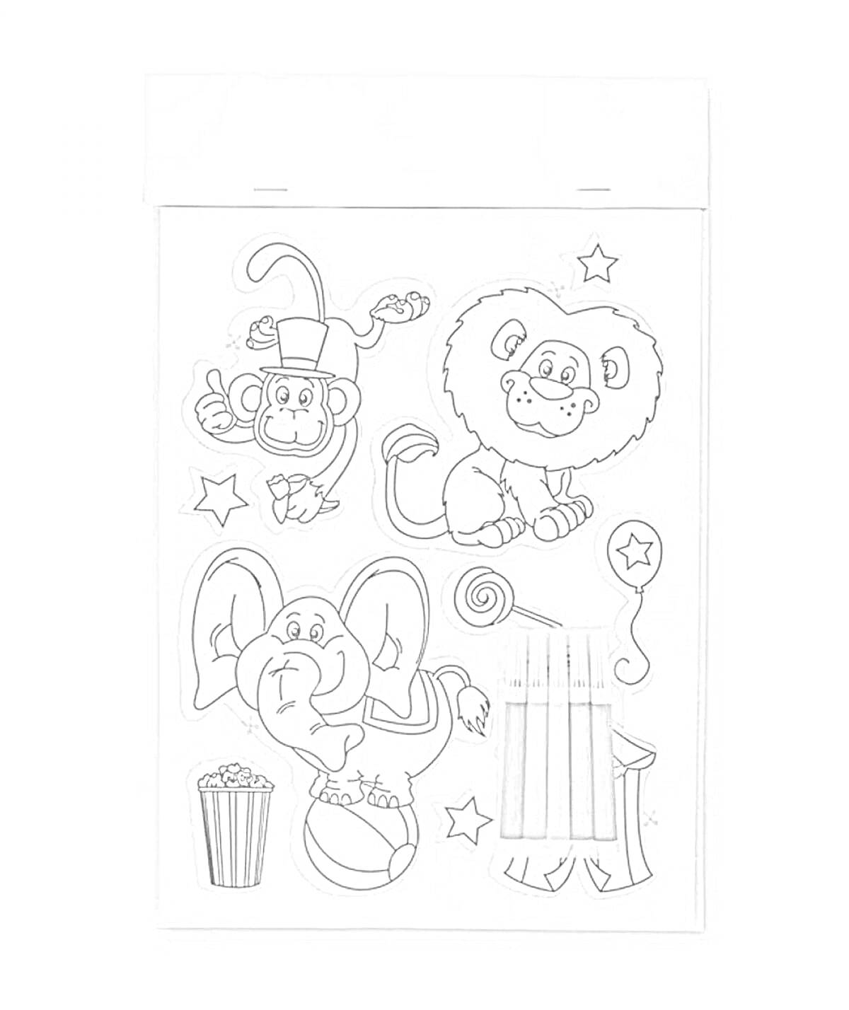 На раскраске изображено: Животные, Цирк, Лев, Слон, Палочка, Попкорн, Звезды