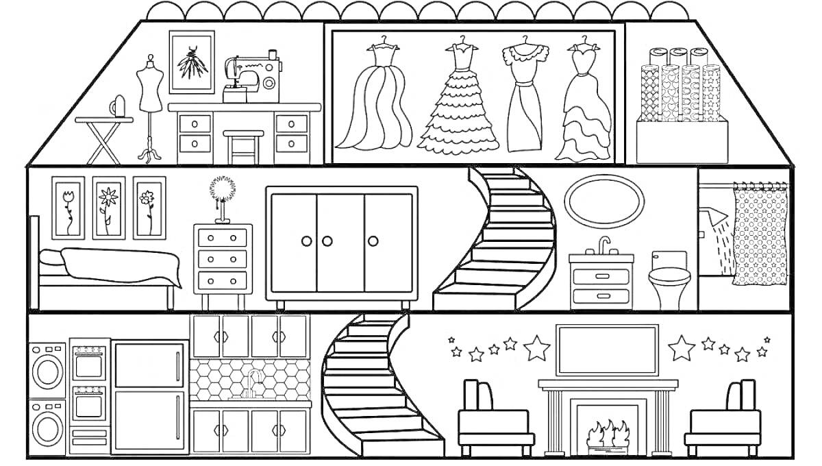 Раскраска Двухэтажный дом с различной мебелью, включая диван, кровать, шкафы, комоды, одежду, стиральную машину, сушилку, туалет, умывальник, шкафчик, зеркало, камин и кресла.