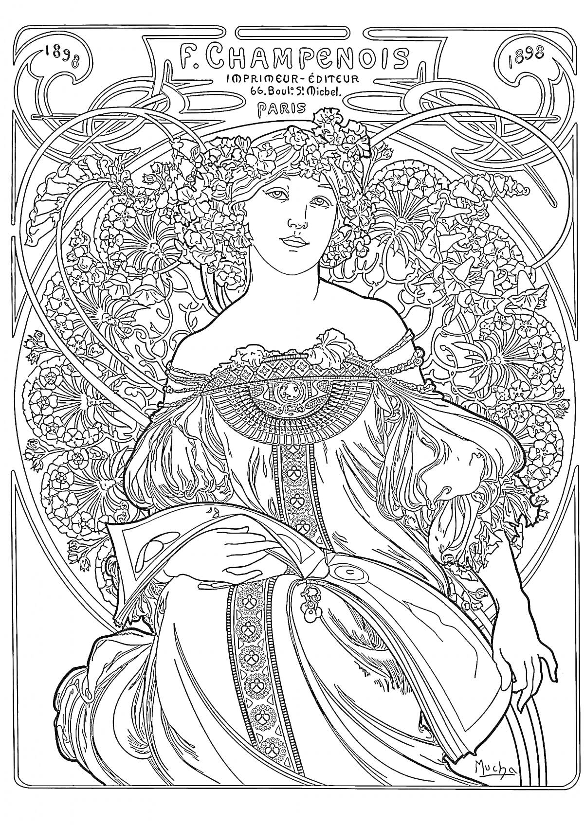 Раскраска Женщина в цветах. Альфонс Муха с плакатом фирмы 
