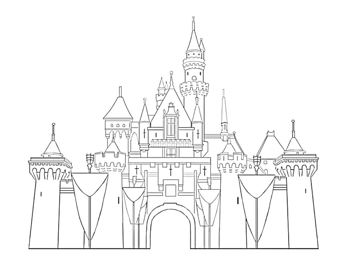 На раскраске изображено: Замок, Дворец, Башни, Ворота, Архитектура, Средневековье, Крепость