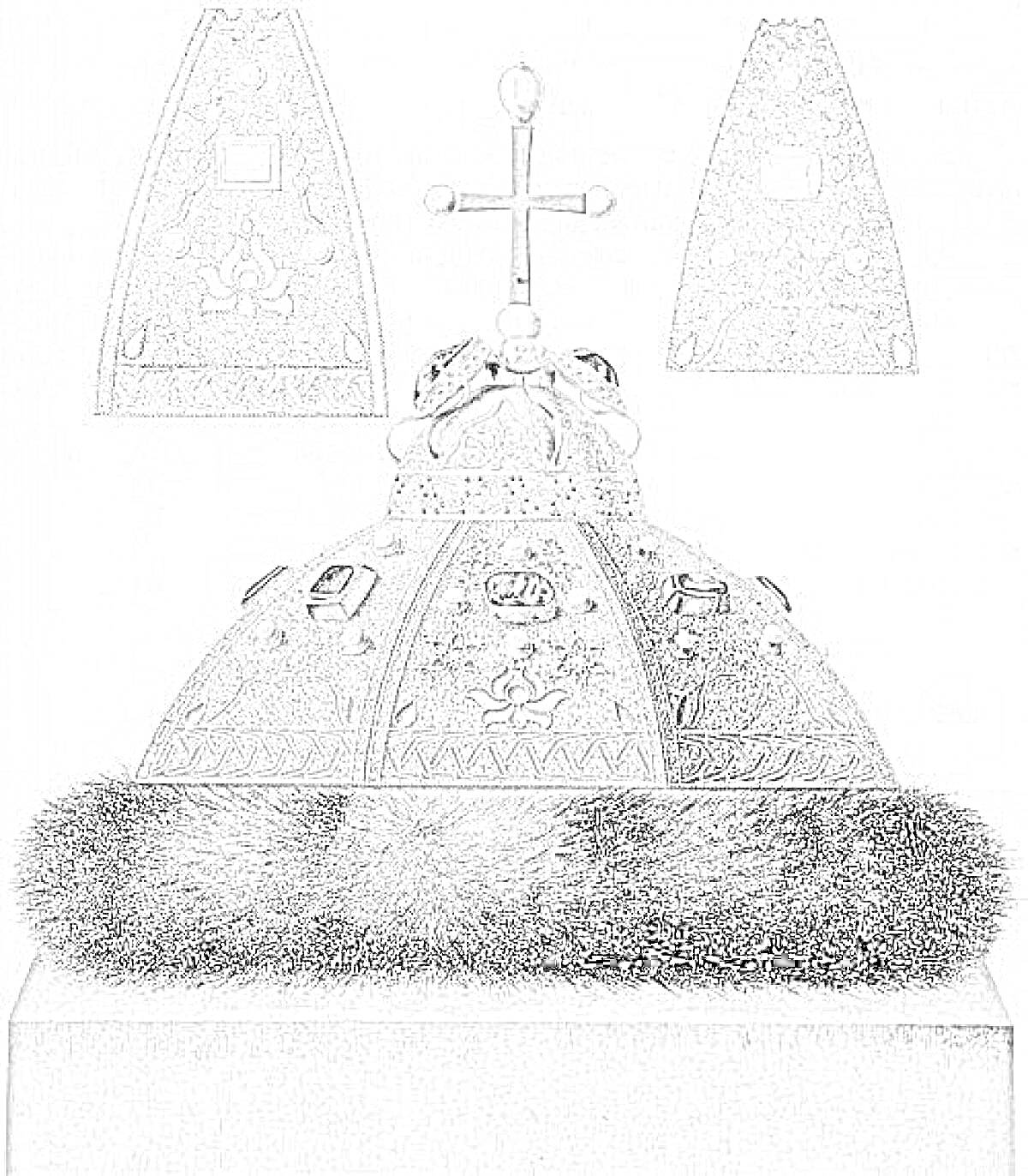 Раскраска Шапка Мономаха с крестом, образцы с разным орнаментом