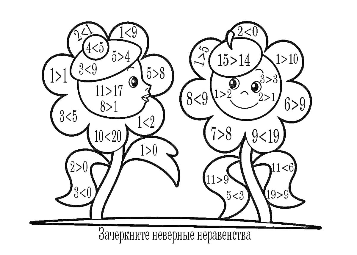 Раскраска Два цветка с математическими неравенствами на лепестках (поиск неверных неравенств)