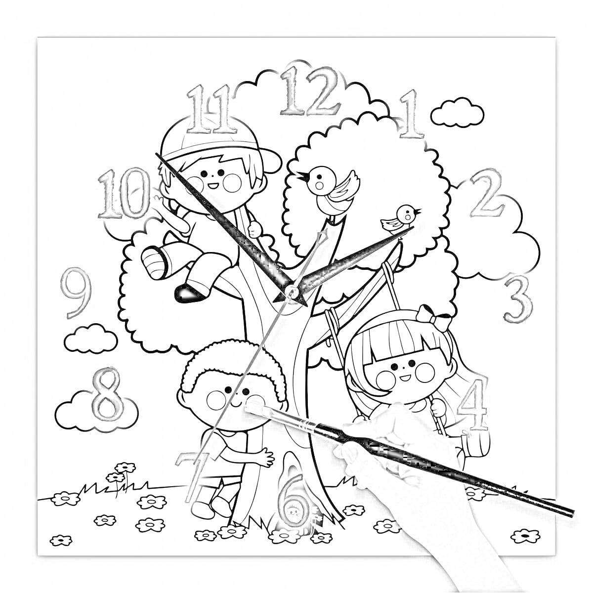 Раскраска Настенные часы с детьми на дереве, цветами и птицами