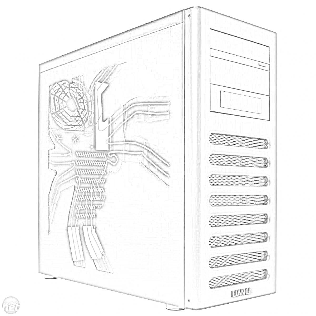 Корпус ПК с интересным рисунком на боковой панели, двумя отсеками для оптических приводов, вентиляционными отверстиями на передней панели и логотипом 