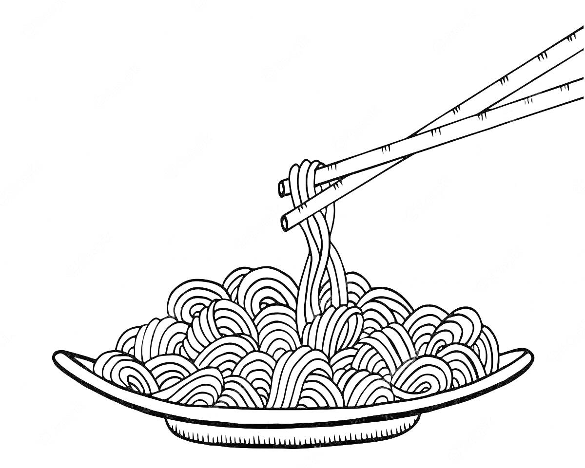 На раскраске изображено: Макароны, Тарелка, Палочки для еды, Еда, Итальянская кухня