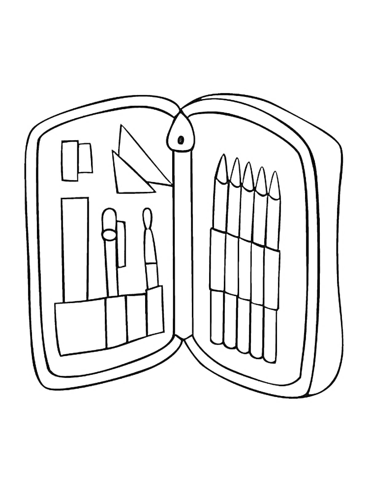 Раскраска Пенал с принадлежностями (линейка, ножницы, резинка, треугольник, карандаши)