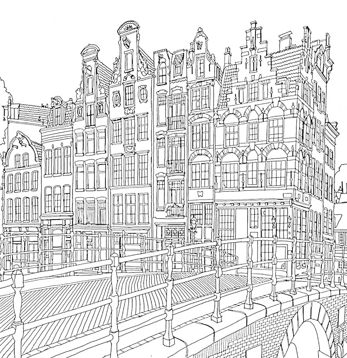 На раскраске изображено: Антистресс, Города, Исторические здания, Каналы, Фасады, Окна