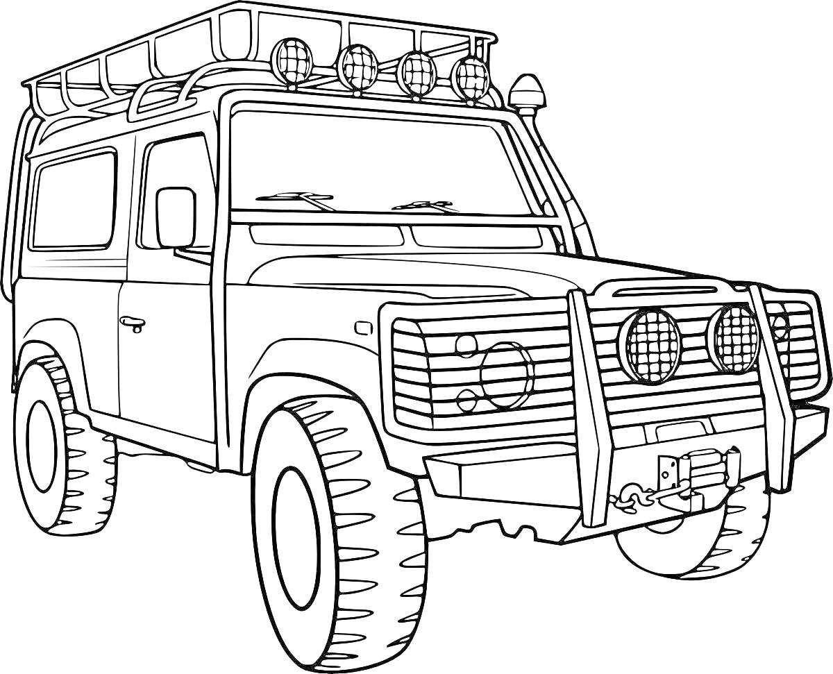РаскраскаВнедорожник с крышей и фарами на багажнике, передним бампером с лебедкой и решеткой, круглые фары, широкие колеса