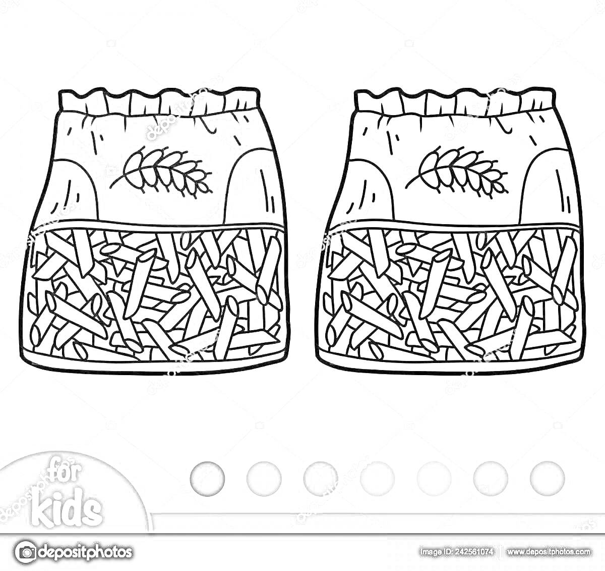 На раскраске изображено: Паста, Пакет, Макароны, Для детей, Еда, Перья, Упаковка