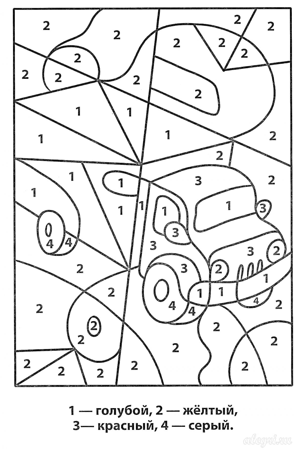На раскраске изображено: Внедорожник, Цифры, Голубой, Желтый