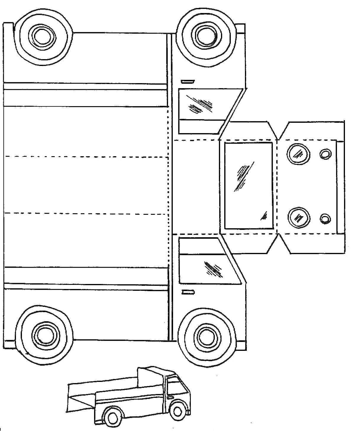 Развертка грузовика; изображены колеса грузовика, кабина, корпус, детали дверей и окна