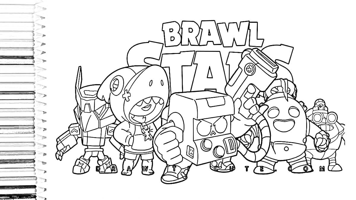 Раскраска Персонажи игры Brawl Stars, включая Леона, Дэррила, Динамайка, Спраута и других, на фоне логотипа игры