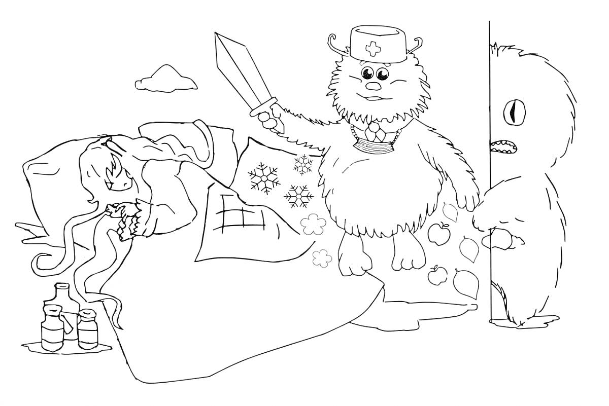 На раскраске изображено: Постель, Медведь, Доктор, Градусник, Болезнь, Лекарство, Врач