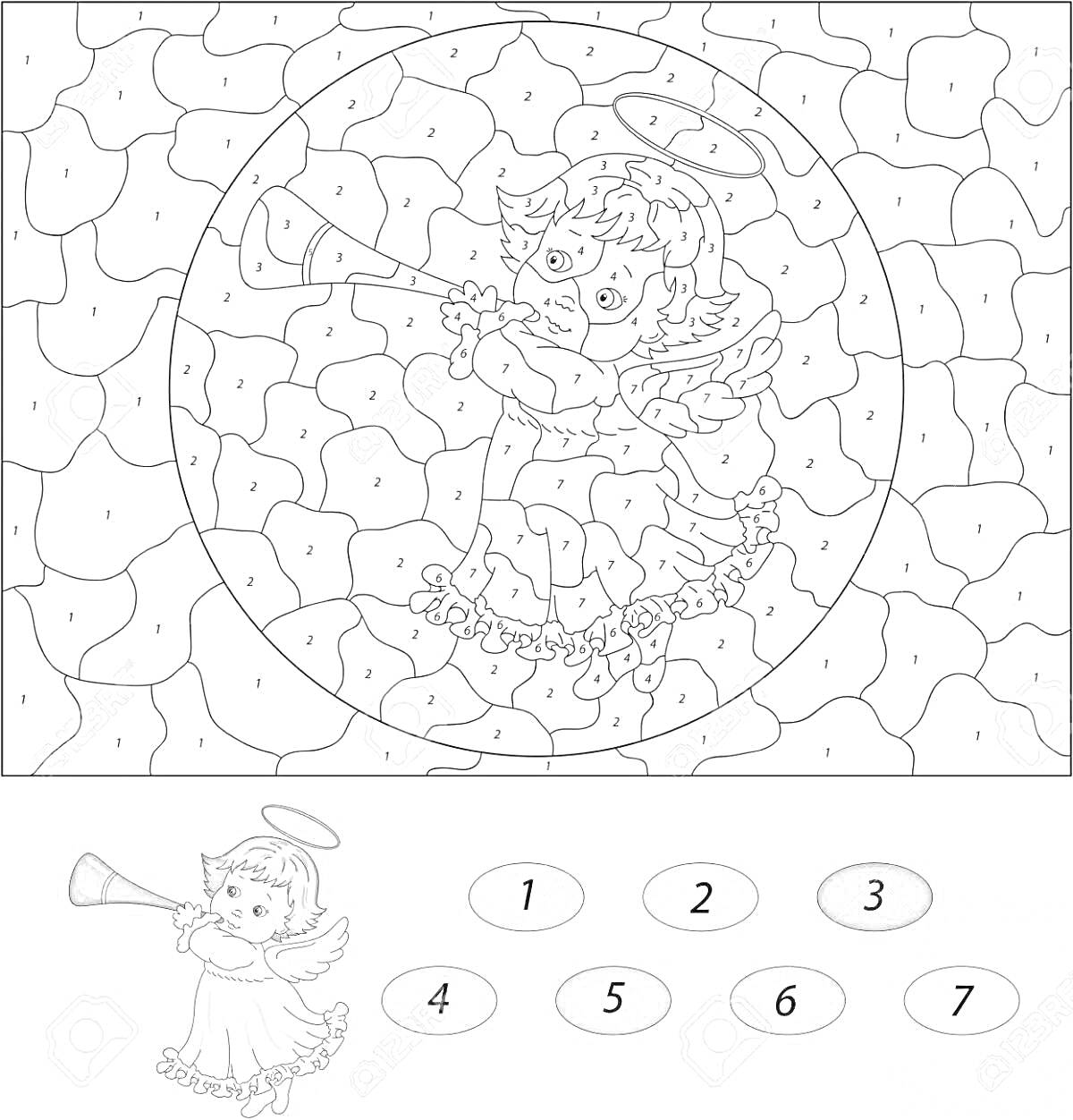 Раскраска Ангел с трубой в круге на фоне мозаики